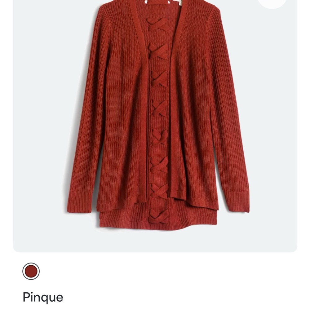 Pinque Jamelya Back Detail Cardigan — Rust Red Lace-Up Knit Open Front Sweater
